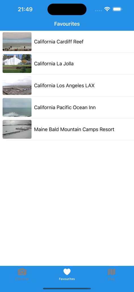 The favorites screen of the USA Cameras app showing a list of saved live webcam locations across California and Maine
