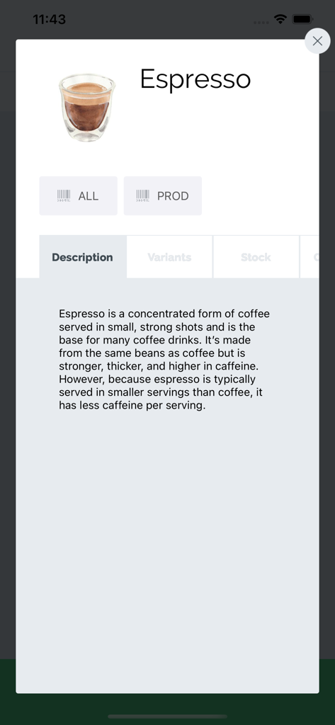 Interfaz móvil de Extenda GO TPV mostrando la descripción del producto para espresso