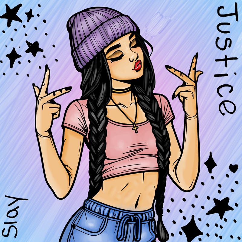realistic teenage girl with braids and a beanie and crop top doing 🫶🏼