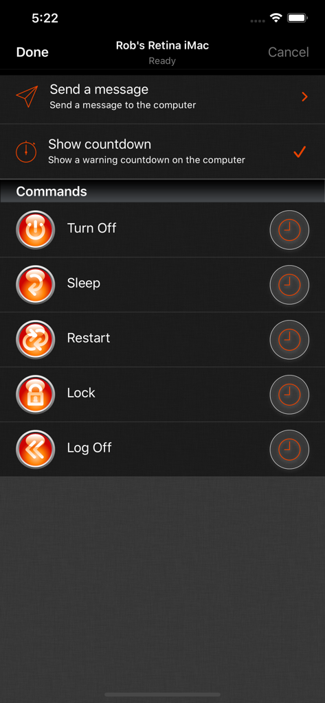 Off Remote Pro - Pantalla de la aplicación móvil Off Remote Pro que muestra opciones de control remoto de ordenador como Apagar, Suspender y Reiniciar
