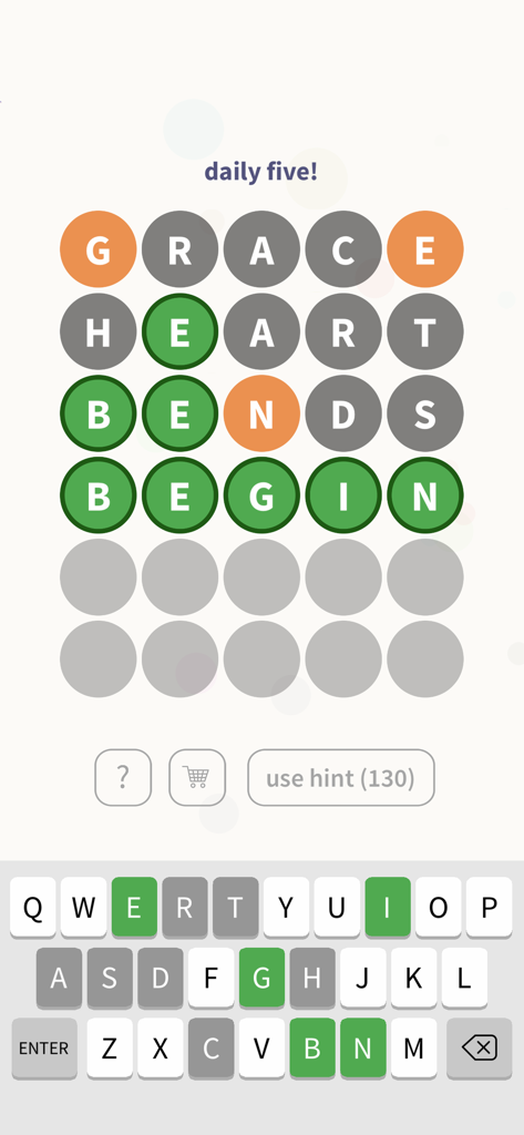 WordBubbles! - A screenshot of the Daily Five word challenge in WordBubbles! showing colored letter bubbles and a keyboard.