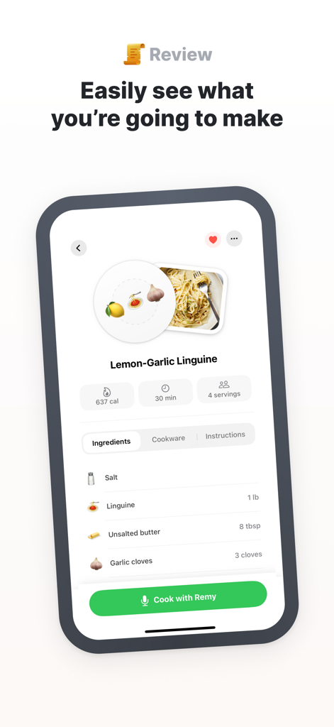 Remy - Recipes & Meal Planner - Remy app interface showing a Lemon Garlic Linguine recipe with nutrition and ingredients