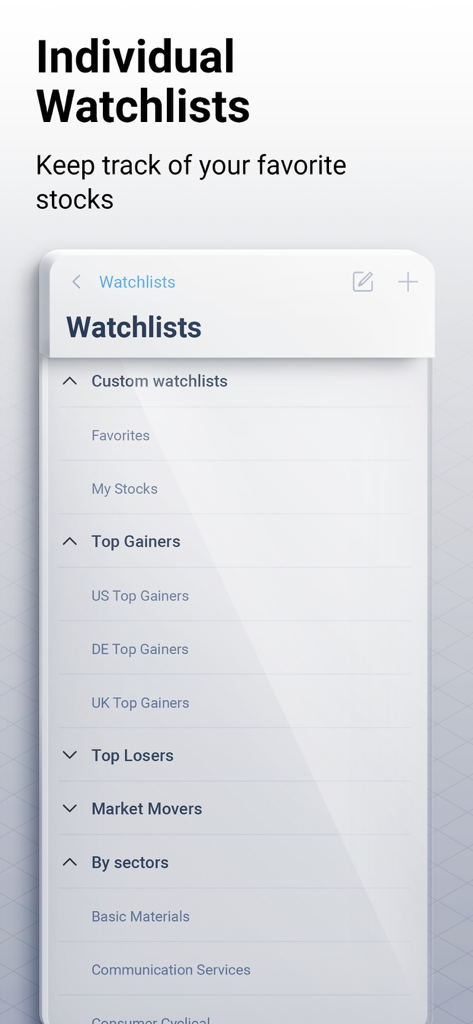 RoboMarkets Stocks Trader - Interfaz de la aplicación RoboMarkets Stocks Trader que muestra listas de seguimiento individuales para el seguimiento de acciones y movimientos del mercado