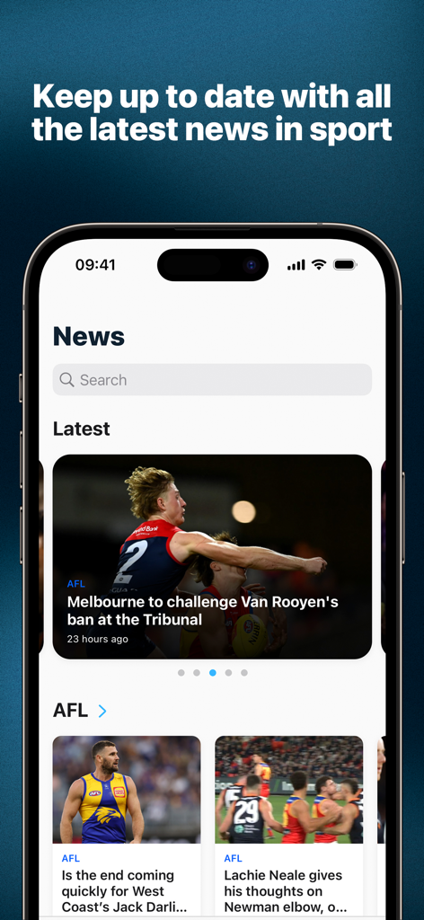SEN Radio - SEN Radio app interface displaying a sports news feed with AFL headlines and articles.