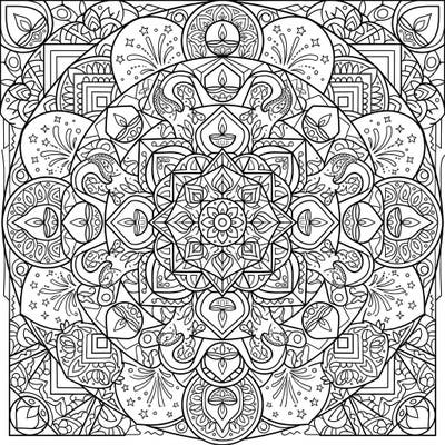 Unleash your creativity with this stunning geometric mandala coloring page, beautifully blended with festive Diwali elements. This intricate design offers a calming and celebratory artistic experience for all ages.