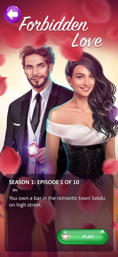 Chapters Interactive Love Game - A title screen for the story Forbidden Love in the Chapters Interactive Love Game featuring a man in a suit and a woman in a gown among falling rose petals.