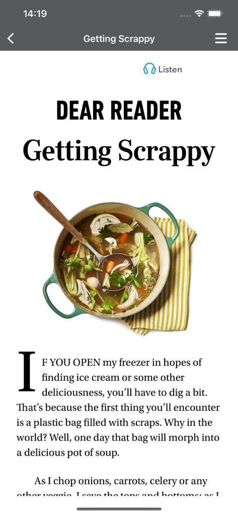 Readers Digest app screen displaying a wholesome lifestyle article titled Getting Scrappy with an image of vegetable soup
