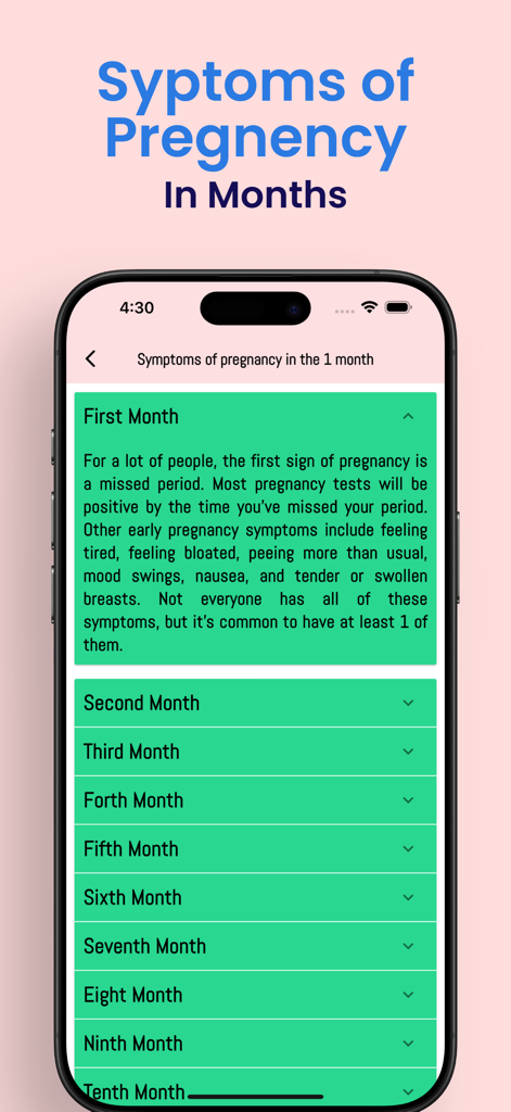 Pregnancy - Baby Tracker App - Una guía mensual de síntomas de embarazo en la pantalla de un iPhone que muestra los primeros signos del primer mes.