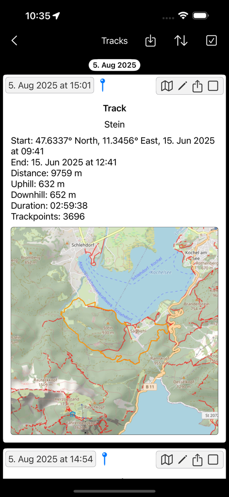 OSM Maps - A screenshot of the OSM Maps app showing a recorded hiking track with distance, elevation, and a map.