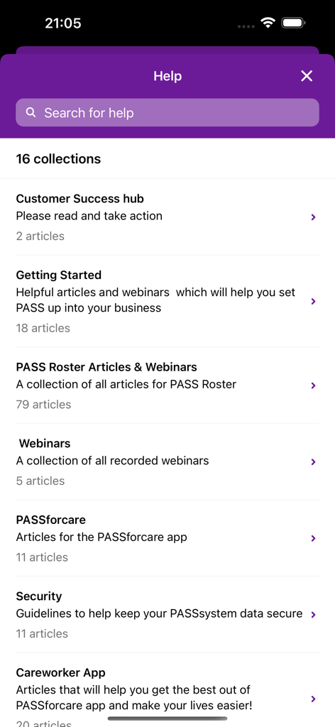 PASSforcare mobile app help screen showing support article collections for caregivers
