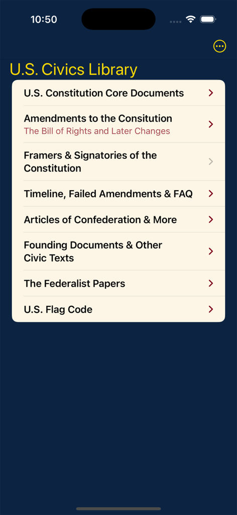 Main menu of the US Civics Library app listing historical documents including the Constitution and Federalist Papers.