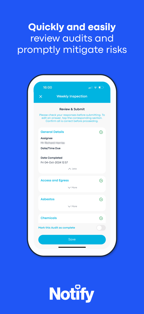 Notify Audits and Inspections - A mobile app screenshot showing the review and submit screen for a weekly inspection in the Notify Audits and Inspections app.