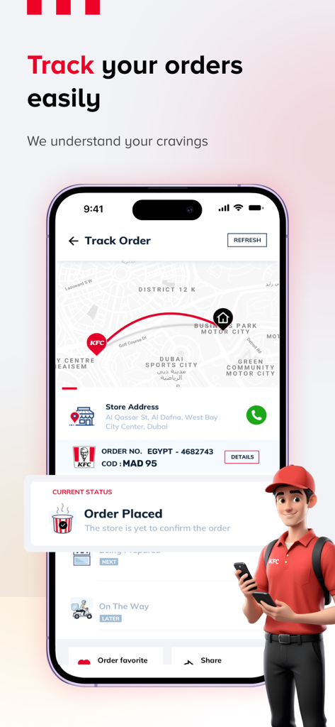 KFC Morocco | KFC Maroc - Écran de l'application mobile KFC Maroc montrant le suivi des commandes en temps réel sur une carte avec un personnage de livraison 3D