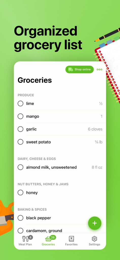 Bildschirm der Mealime-App mit einer organisierten Einkaufsliste, kategorisiert nach Obst/Gemüse, Milchprodukten und Gewürzen, mit einer Schaltfläche zum Online-Einkauf