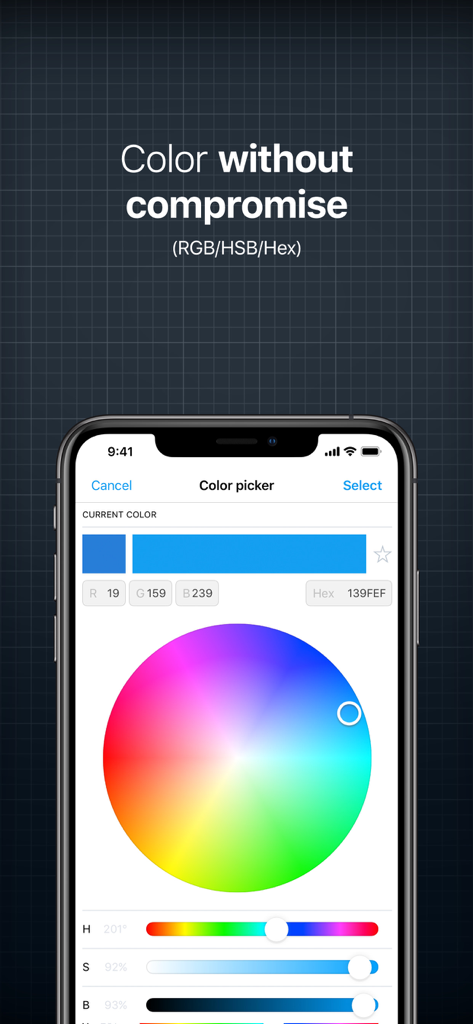 Logo Creator゜ - A professional color wheel interface in the InstaLogo app showing RGB and Hex code selection for precise branding