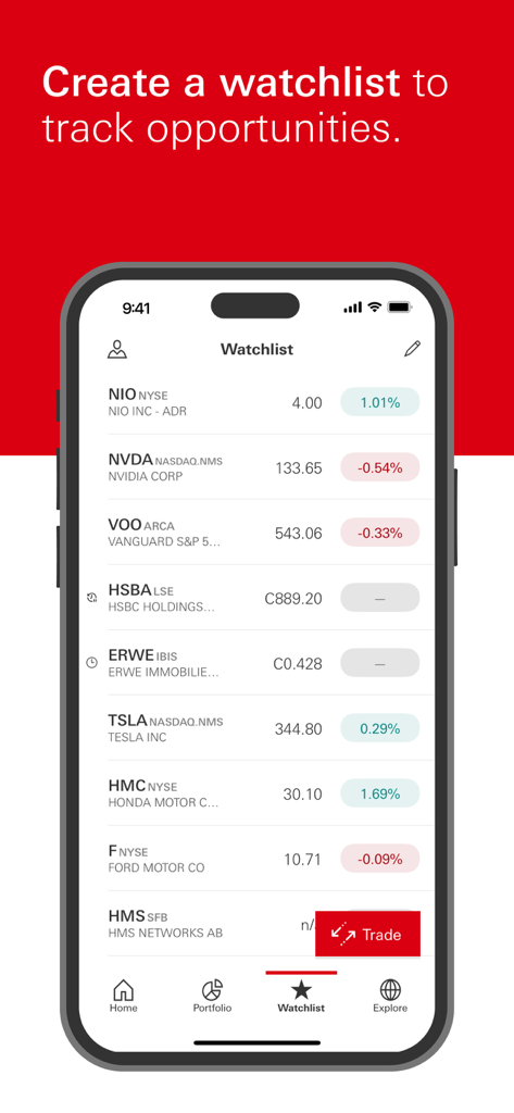 HSBC WorldTrader - HSBC WorldTrader app watchlist screen showing stock market prices and performance