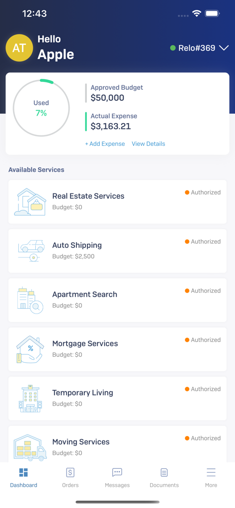 RelocateME - RelocateME mobile app dashboard showing relocation budget and authorized moving services
