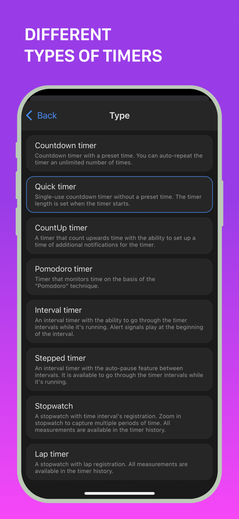 A list of different timer types in the MultiTimer app including Pomodoro and Interval timers