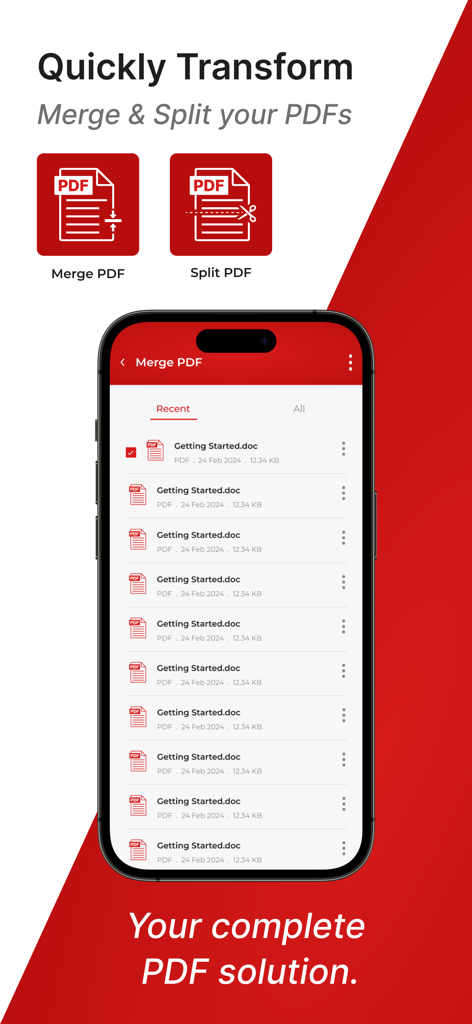 Convert to PDF : PDF Scanner - PDF로 변환 앱의 문서 병합 및 분할 기능을 표시하는 스마트폰