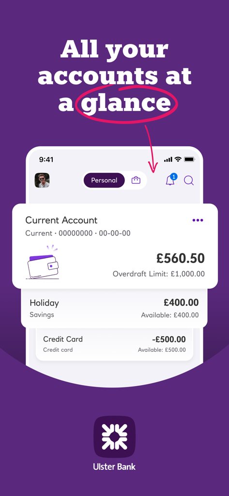 Ulster Bank NI Mobile Banking - Ulster Bank NI app dashboard showing multiple account balances at a glance including current account savings and credit card