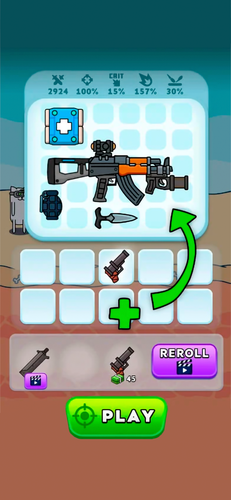 Gun Hero Cat Survival Shooter weapon customization and merge inventory screen