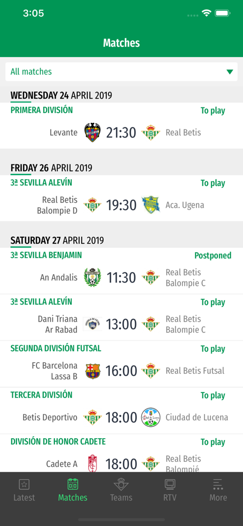 Pantalla de calendario de partidos de la app del Real Betis mostrando próximos juegos para equipos senior, juveniles y de futsal