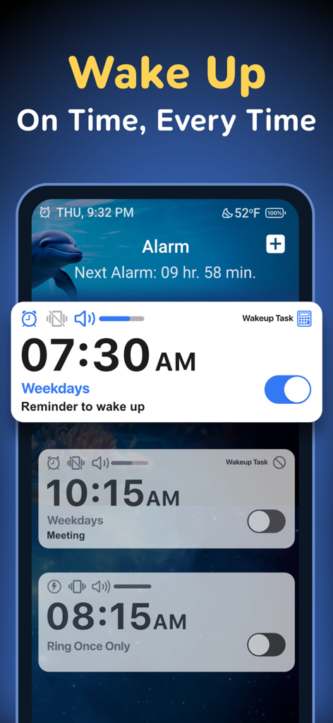 Alarm Clock ◎ - 目覚まし時計アプリのインターフェース。複数のスケジュールされたアラームと起床ミッションが表示されている。