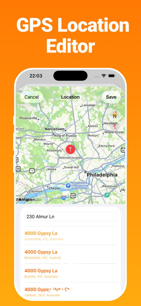 Interface of the GPS Location Editor showing an interactive map and address search to modify photo geotags.