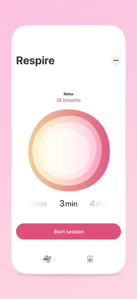 User interface of the Respire app showing a three minute breathing session setup with a colorful circle graphic