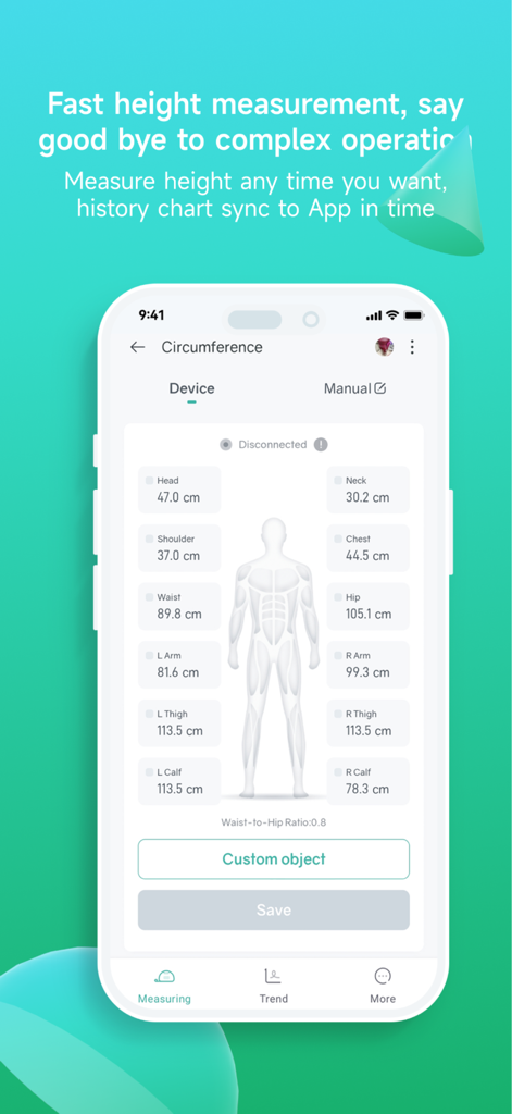 Fitdays+ - Fitdays plus app interface showing body circumference measurements for various body parts on a human silhouette.