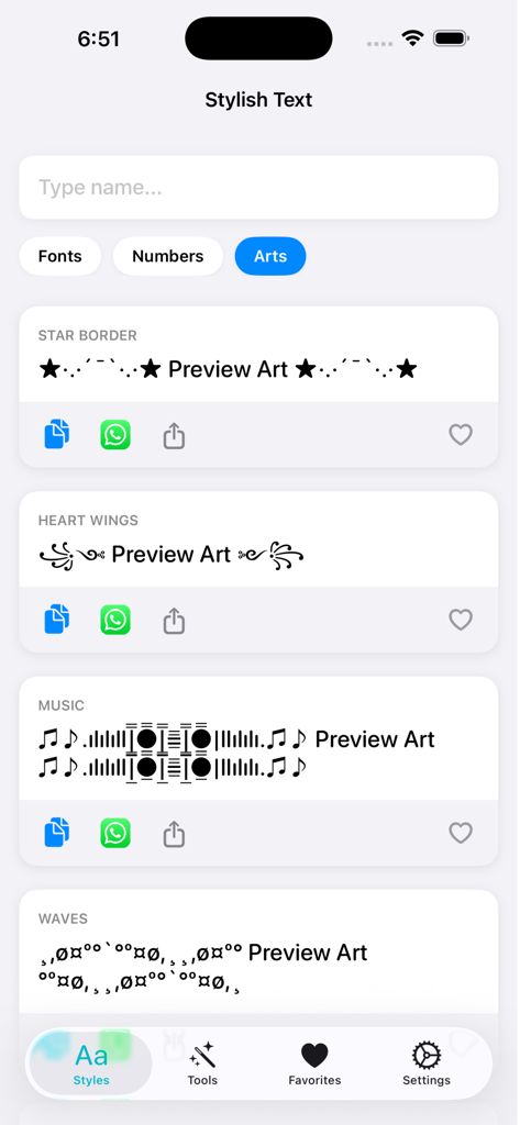 Stylish Text: Fonts & Art - Uma tela do aplicativo Texto Estiloso exibindo vários designs decorativos de arte ASCII como bordas de estrelas e símbolos musicais para perfis de mídia social