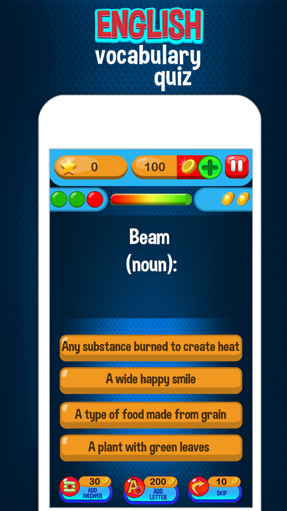 English Vocabulary Quiz – Knowledge Test for Free - English vocabulary quiz game interface showing a multiple choice question for the definition of the word beam