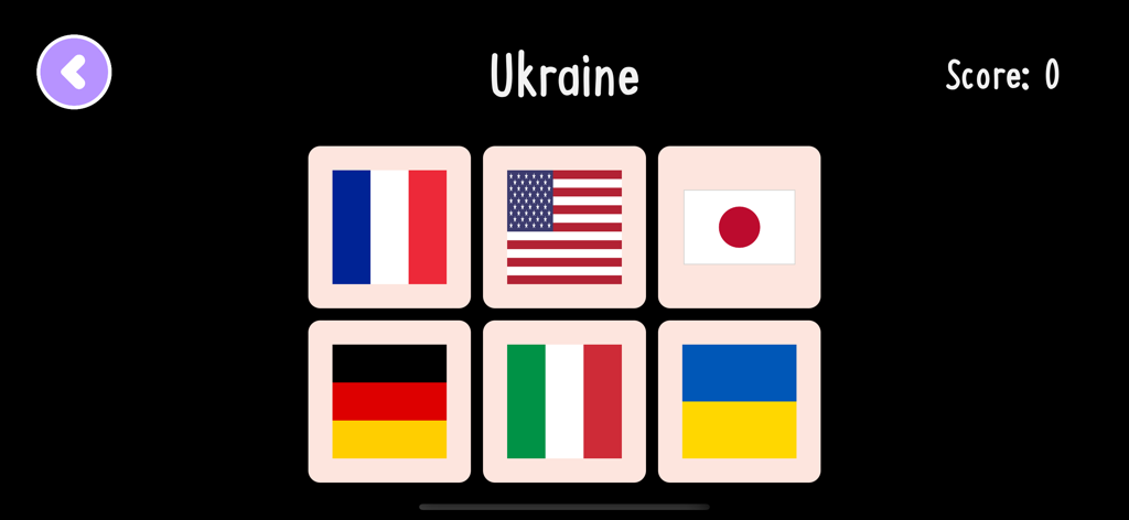 World Countries Flags - Learn - Uma tela de quiz de geografia do aplicativo Bandeiras de Países do Mundo mostrando diferentes bandeiras nacionais para identificar a Ucrânia.