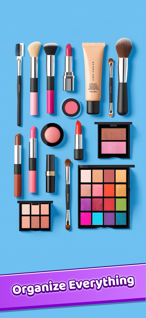 Stock the Fridge - Room Legend - A variety of makeup items like brushes, lipsticks, and eyeshadow palettes neatly arranged on a blue background in an organization game.