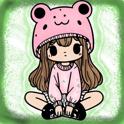 a girl wearing a frog hat and some frog socks