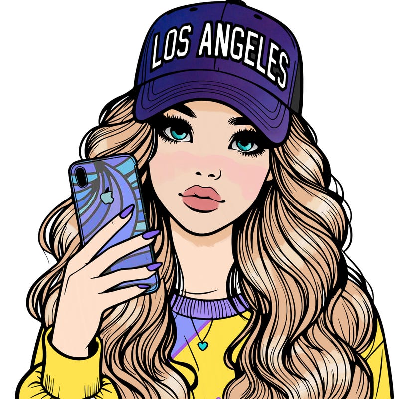 realistic beautiful girl wearing los ángeles cap holding an iphone