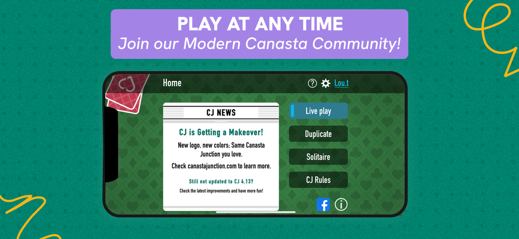 Canasta Junction app home screen displaying game modes and a community news update