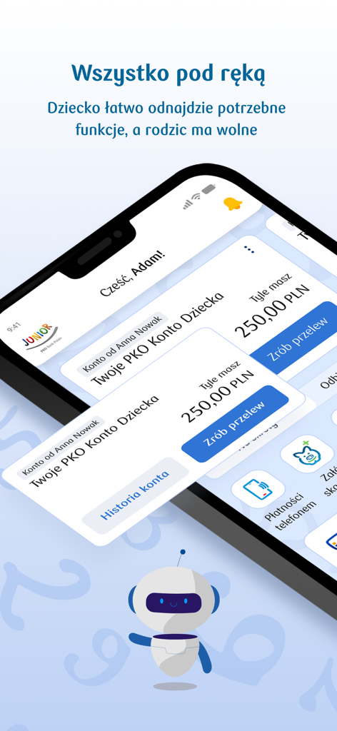PKO Junior mobile app dashboard showing account balance and child friendly robot mascot