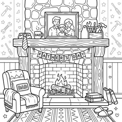 Celebrate the wonderful dads in your life with this heartwarming Father's Day coloring page featuring a cozy fireplace scene. It's an ideal way to create a personalized, thoughtful gift or simply enjoy a relaxing coloring moment.