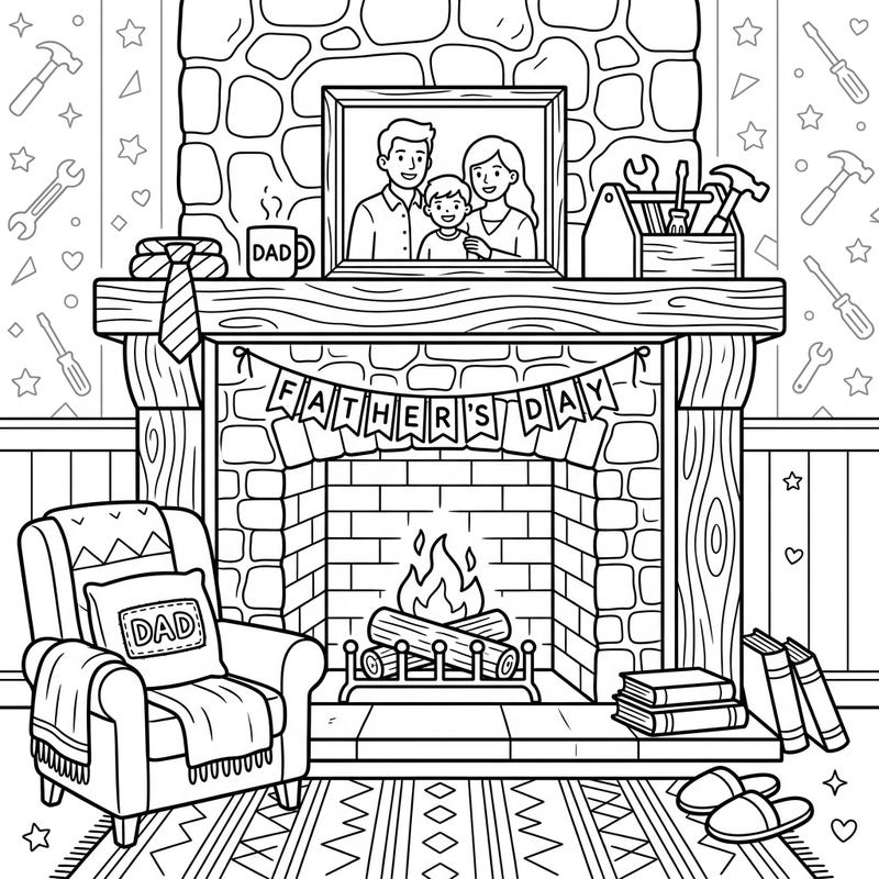 Celebrate the wonderful dads in your life with this heartwarming Father's Day coloring page featuring a cozy fireplace scene. It's an ideal way to create a personalized, thoughtful gift or simply enjoy a relaxing coloring moment.