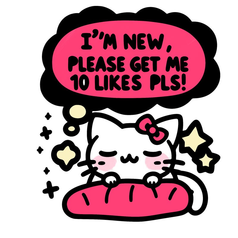 kitty taking a nap dream talking and saying "i'm new, please get me at least 10 likes pls!!"