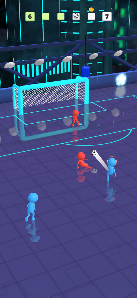 A blue stickman character kicking a soccer ball towards the goal on a rainy rooftop field