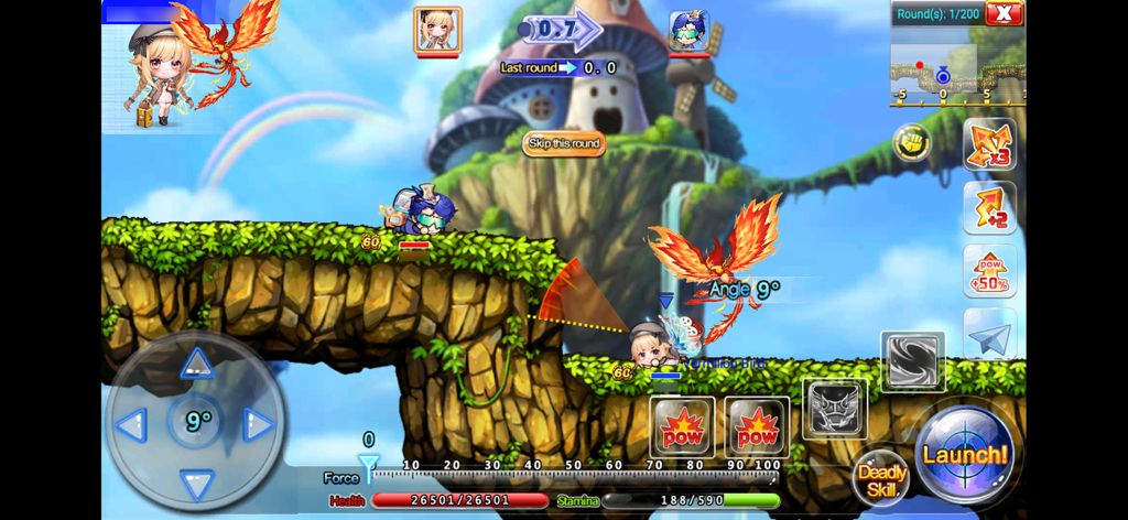 Bomb Me English - A tactical artillery battle in Bomb Me English featuring chibi anime characters and a firebird attack