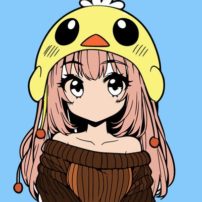 anime girl with chick shaped hat with sweater with bare shoulders with bangs covering them one eye with low tail