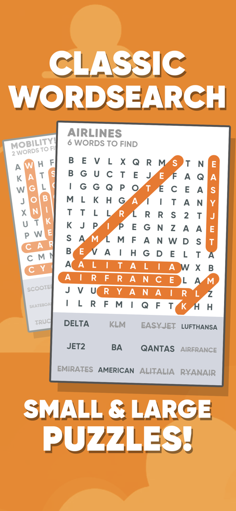 A classic word search puzzle interface from Everyday Puzzles featuring airline themed words highlighted in orange.
