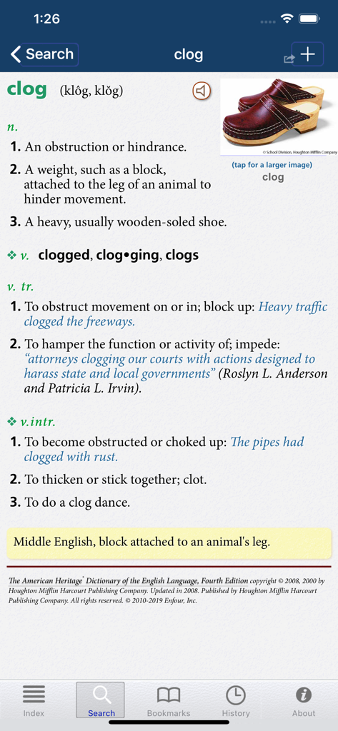 American Heritage® Dictionary - American Heritage Dictionary app screen showing the definition and etymology for the word clog