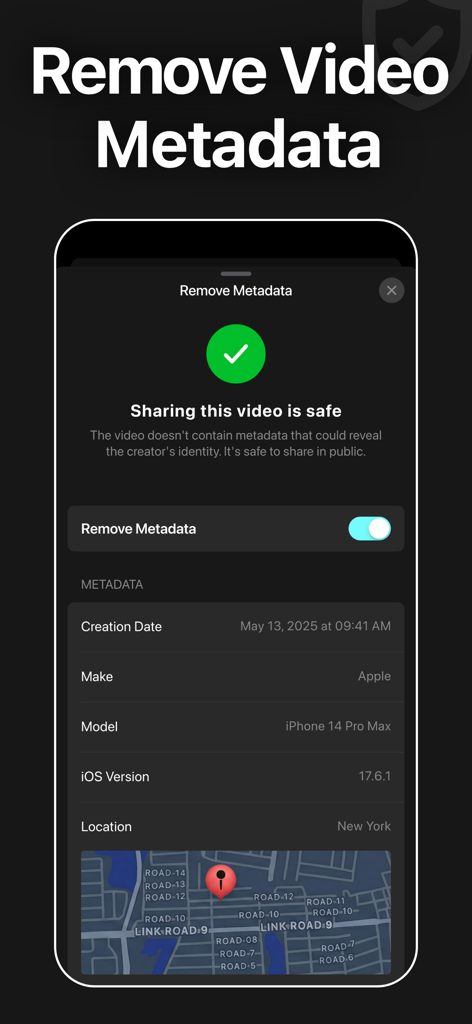 Blur Video - AI Blur Maker - Interface of the Blur Video app showing the feature to remove video metadata and location info for safe sharing