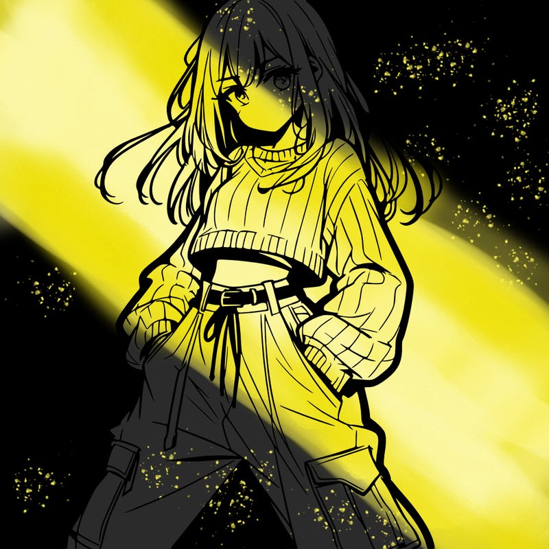 anime teen girl with baggy pants and crop top with sweater