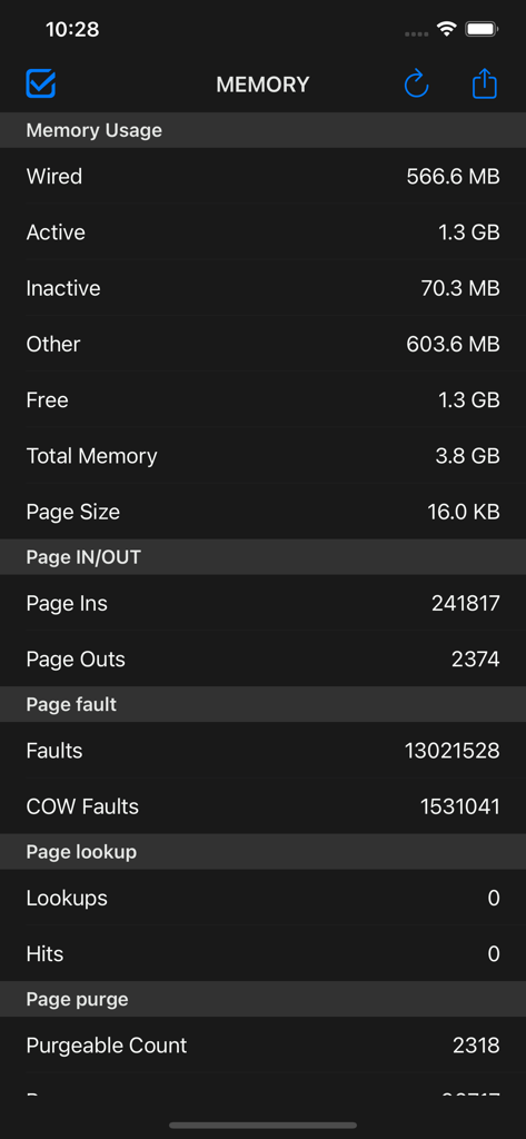 System Status - - System Statusアプリのスクリーンショット。iPhone上で詳細なリアルタイムメモリおよびRAM使用量統計を表示します。