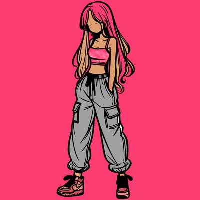 girl in baggy pants crop top and long hair